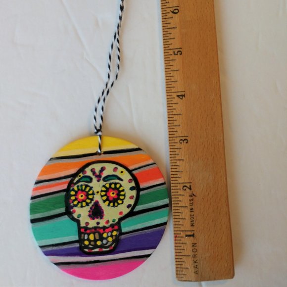 Handmade Ornament with Hand Painted Sugar Skull and Stripes For Dia De Muertos - Picture 16 of 16